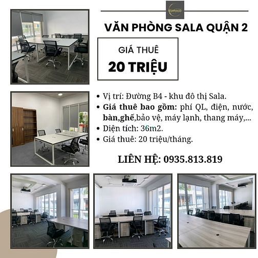 Cho thuê văn phòng bao phí 36m2 20triệu/tháng - KĐT Sala Quận 2