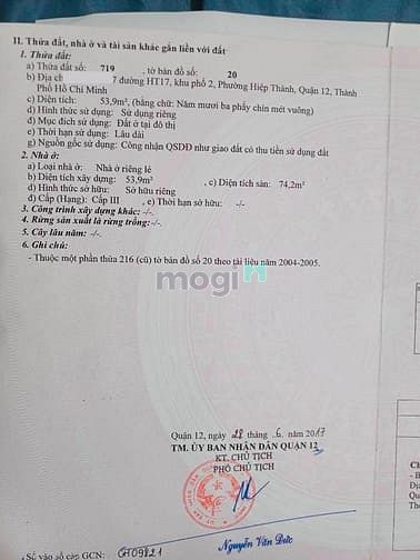 Bán nhà 54M2, HXH LT, Hiệp Thành 17, Quận 12, SHR, 3.249 Tỷ
