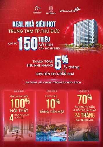 Căn hộ Hybrid 2PN= 73m2, trả 30% nhận nhà 24 tháng sau vẫn hỗ trợ lãi