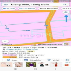 Bán 1222m full hồng, xã Giang Điền, huyện Trảng Bom