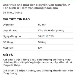 Cho thuê nhà mặt tiền Nguyễn Văn NguyễnQ1 có thang máy làm spa